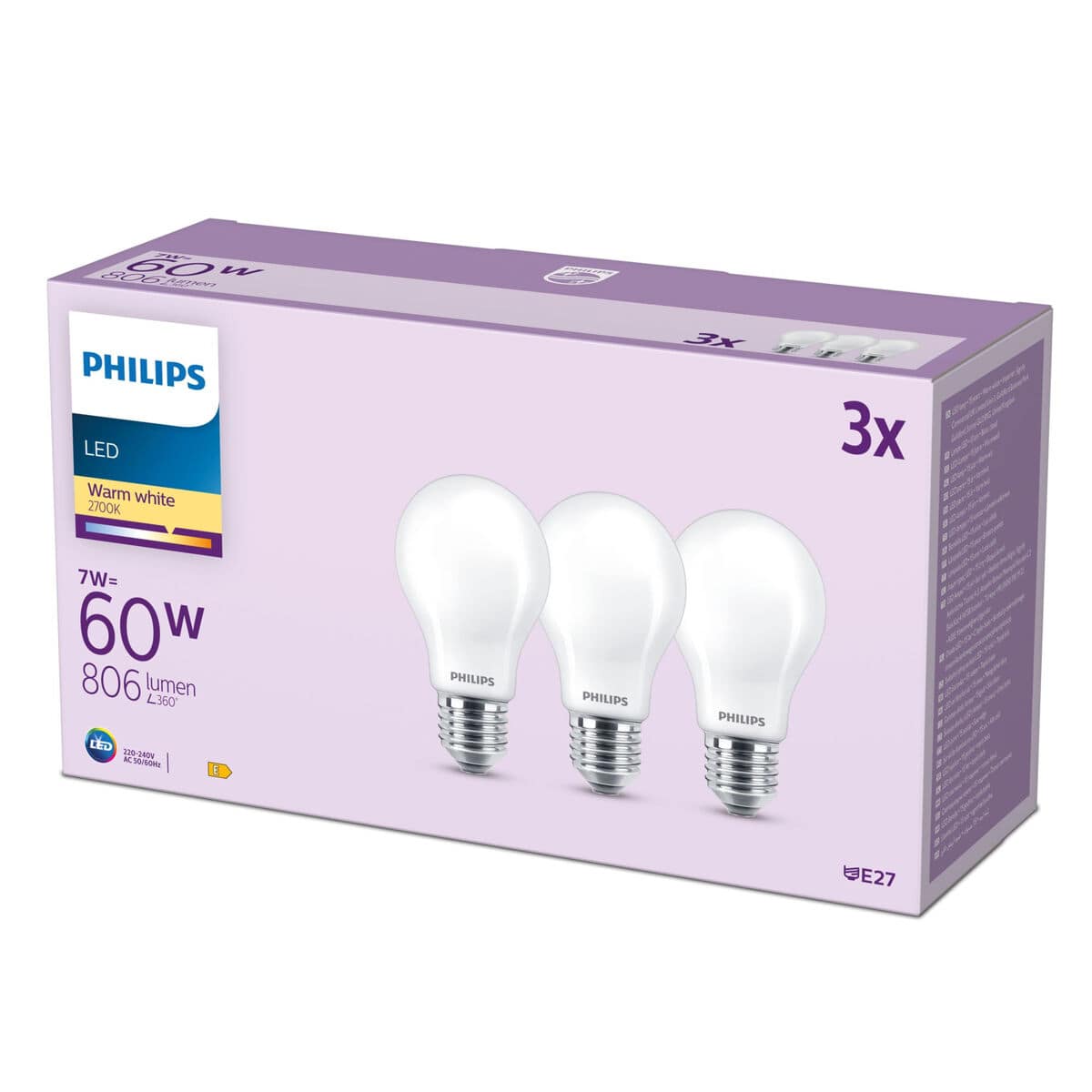 Bombilla LED Philips A60 E27 Blanco Cálido E 7 W 60 W E27 806 lm 3 Unidades (2700 K) 4 S71013126_3